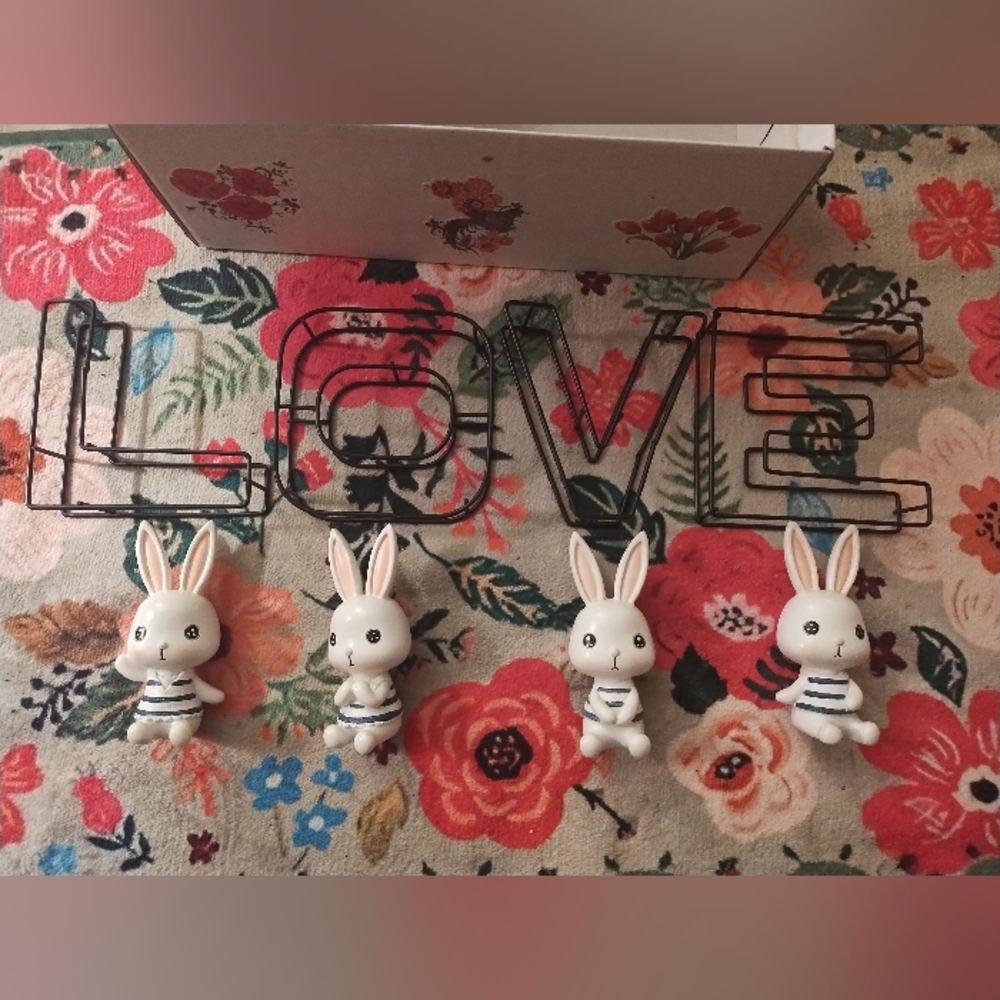 Cute Bunny Figurines with Striped Outfits LOVE